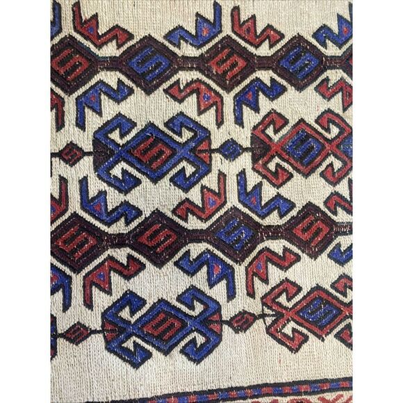 Vintage Afghan Flat weave Woven Wool Nomadic Rug Red Blue Geometric 55” x 29” - Picture 7 of 15